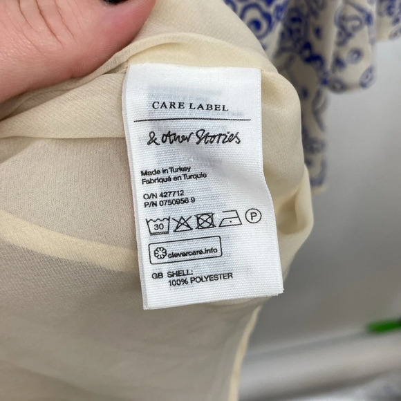 & Other Stories Ruffle Collar Cloud Print Mini Dress Women Sz 10 Tan Blue Tiered - Picture 9 of 15